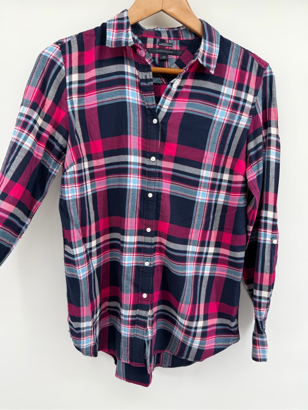 Tommy Hilfiger Navy and Pink Plaid Button-Down Shirt